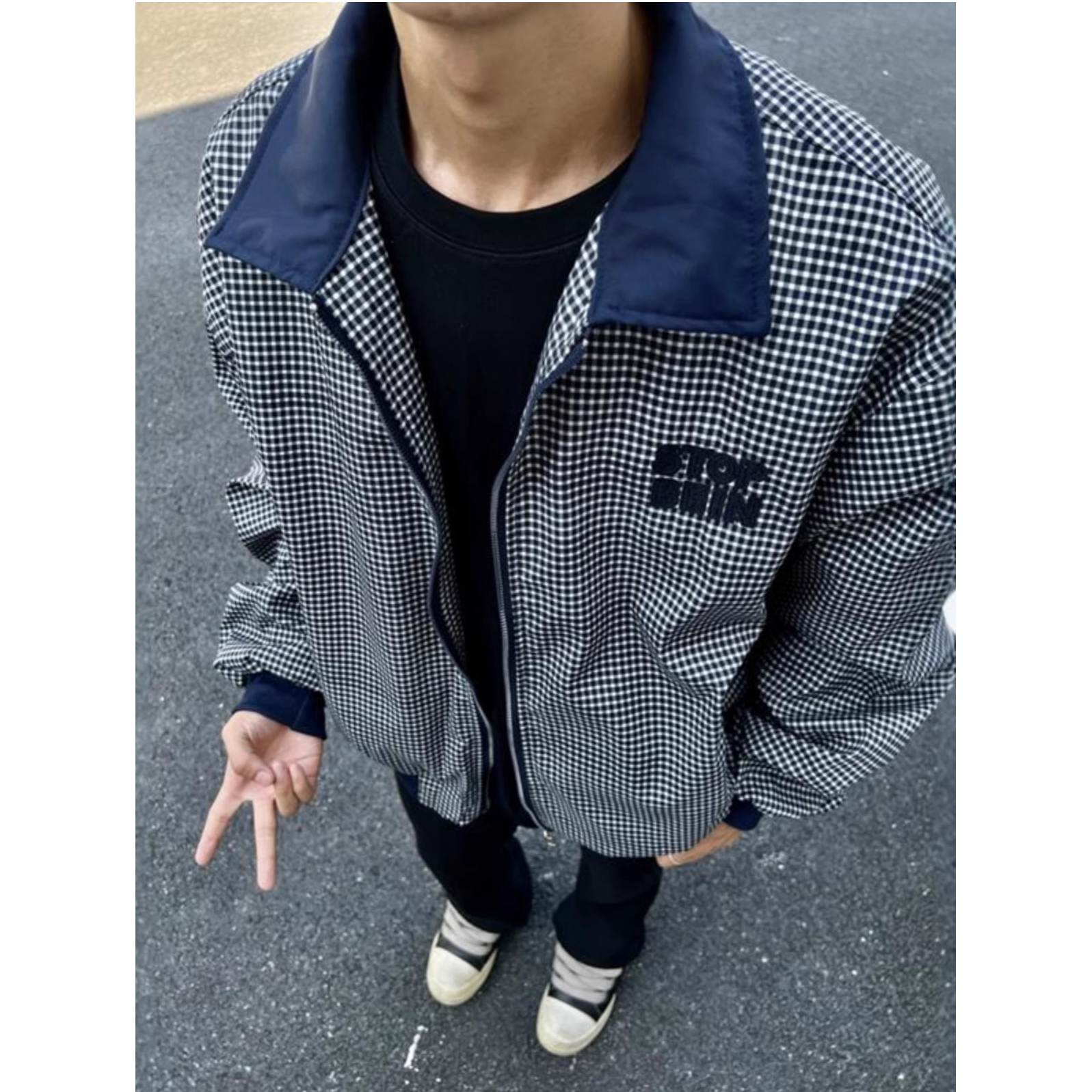美式复古格纹翻领撞色夹克男春秋季新款潮牌宽松百搭帅气高街外套