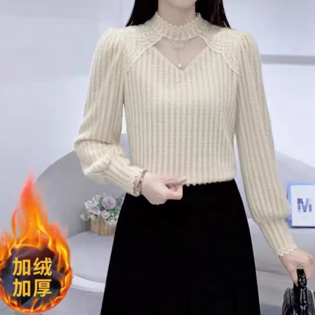 衣源616#半高领长袖蕾丝打底衫加绒加厚冬款镂空显瘦上衣（长约58）