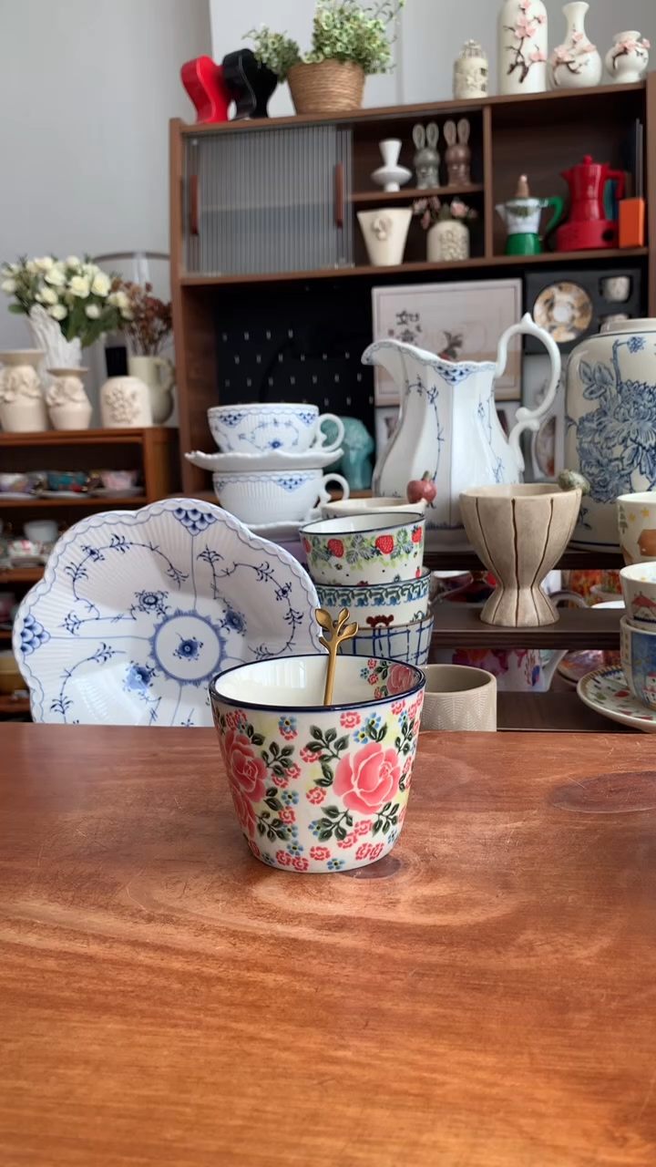 瓷【红玫瑰】猪口杯【送勺】