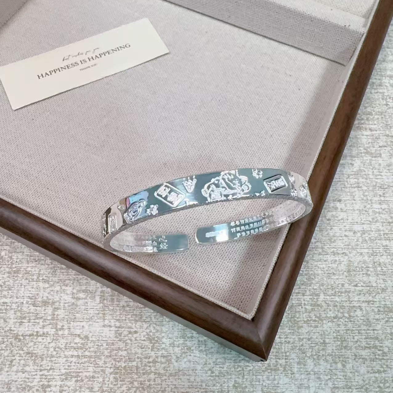 足银手镯 足银999.9亮面平安喜乐如意吉言针沙开口手工银手镯