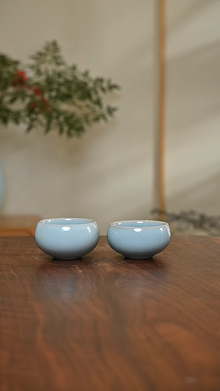 禅定杯2只 天青 微瑕 朱家汝窑款