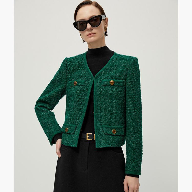 【晨粉专享价】2025商场同款冬季粗花呢小香风中厚V领短款外套