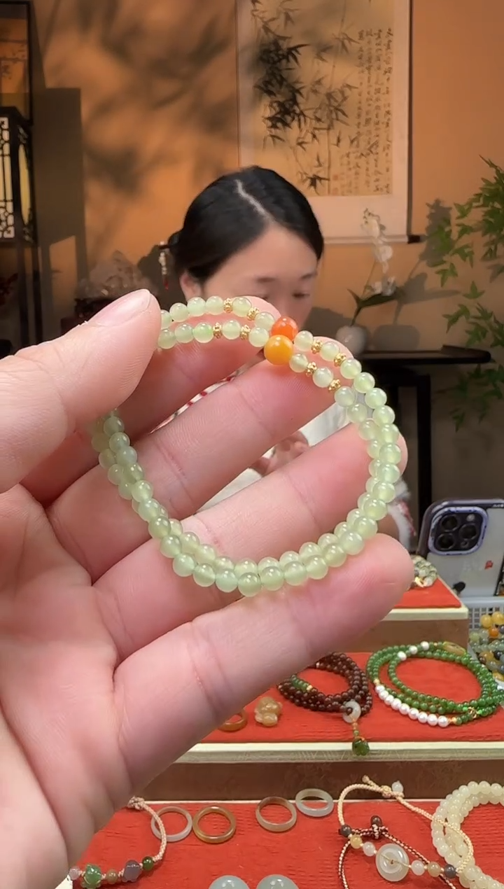 【闪购商品】和田玉（碧玉）手绳银S925镀金镶嵌卡4mm