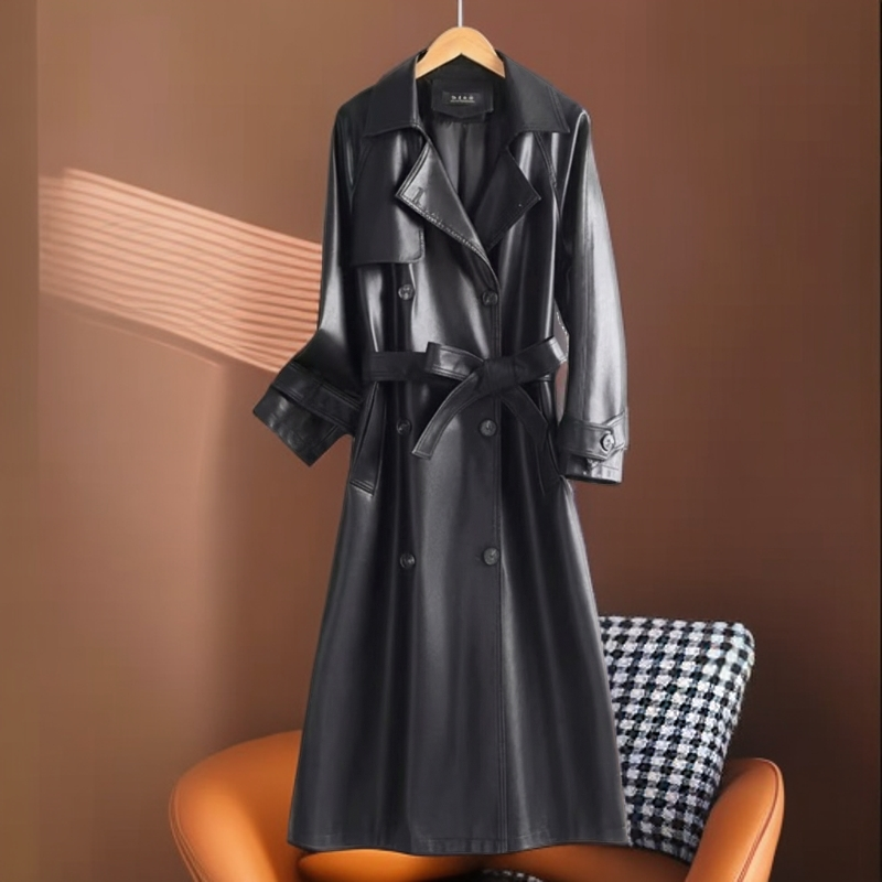 海宁长款秋冬翻领时尚韩版中长款黑色收腰女士修身风衣MLJ-283#