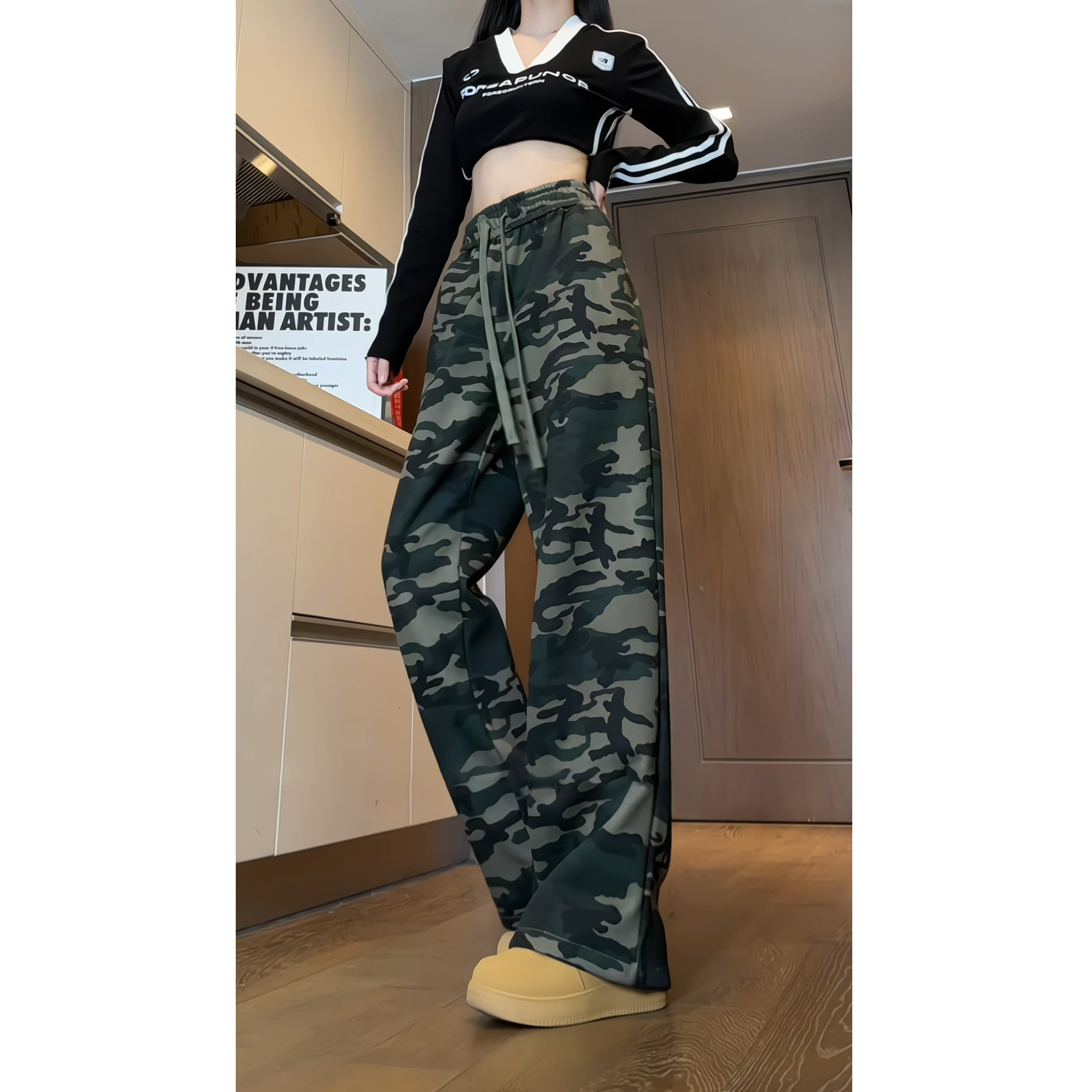 原宿风重磅垂感迷彩卫裤早秋季直筒宽松大码美式高街潮牌运动裤子