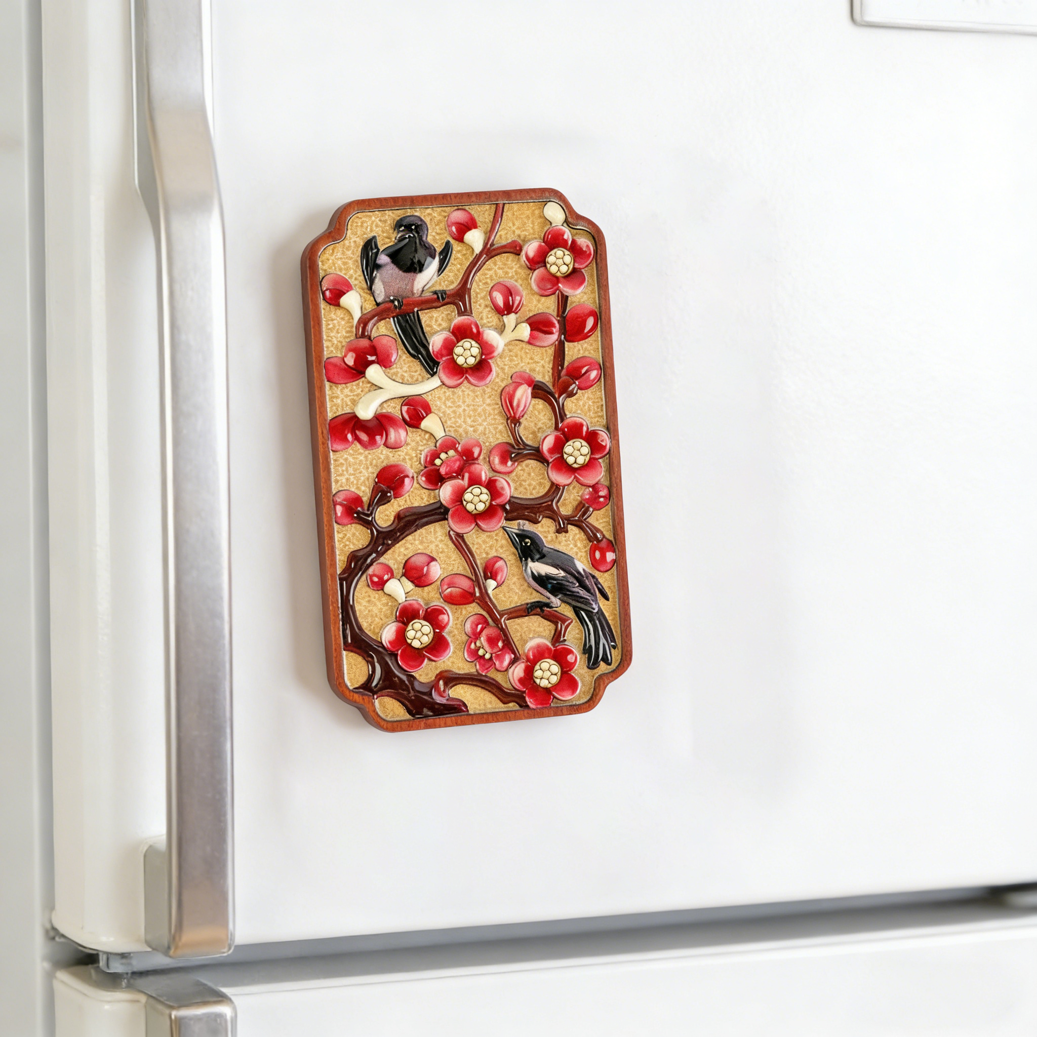 【喜上眉梢】红木雕刻磁吸冰箱贴开瓶器diy定制文创礼品装饰木质