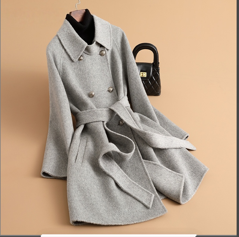 6609高端双面绒大衣女中长款2024新款双排扣系带小个子毛呢外套
