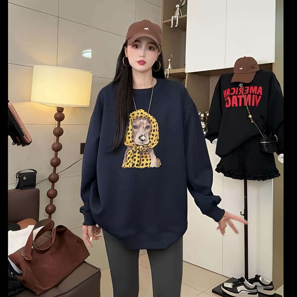 【头巾狗狗】韩版洋气减龄圆领印花长袖卫衣女休闲宽松百搭显瘦2025