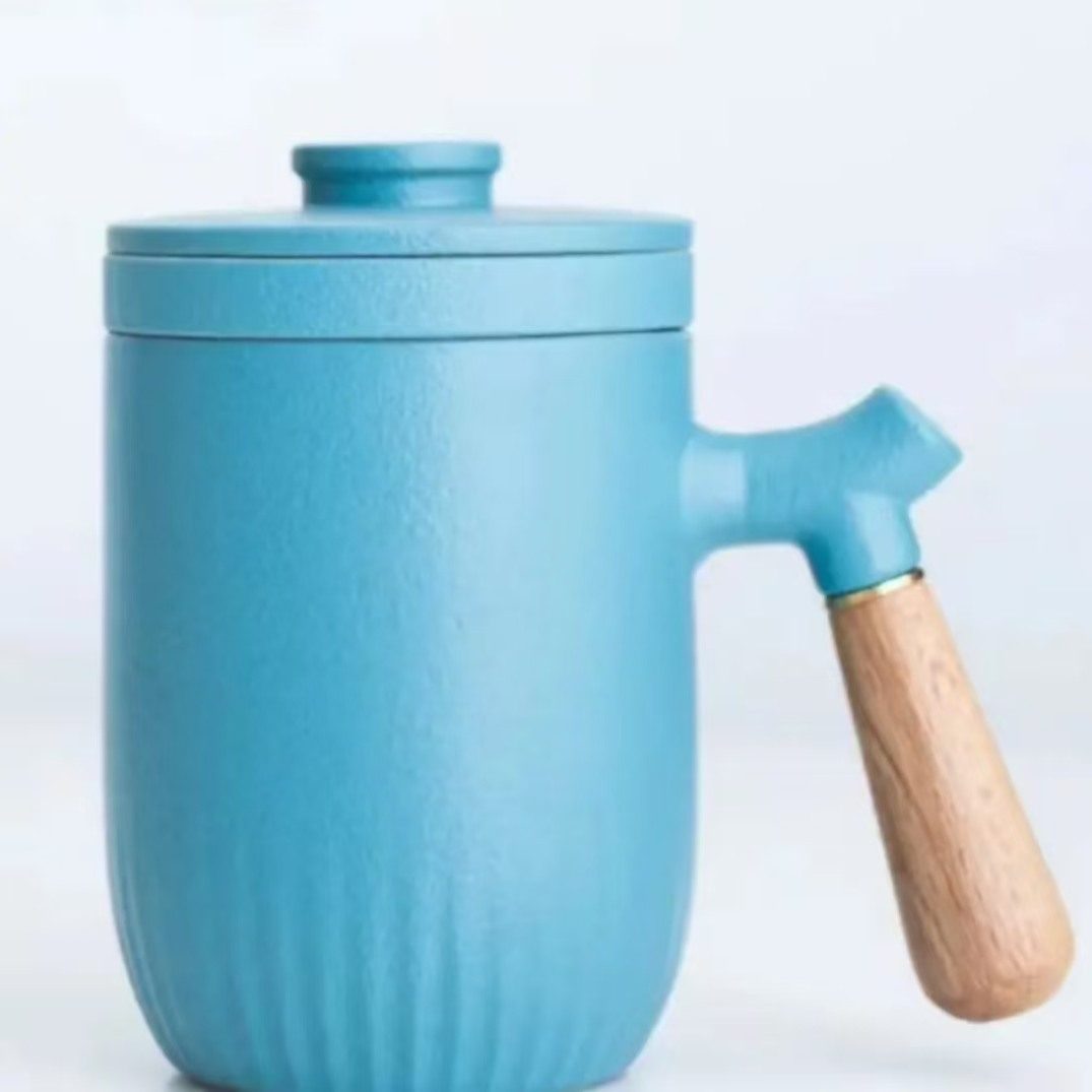 柒彩陶瓷旅行快客杯带内茶水分离泡茶磨砂木柄马克杯WW