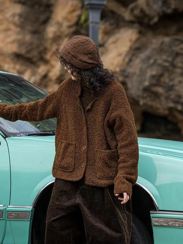 疯子张24冬款软感简约复古色织做旧舒适羊毛长衫#08398