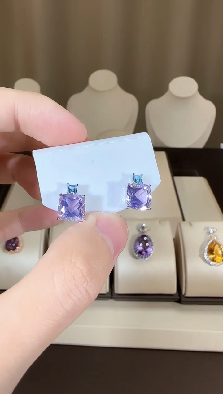 【闪购商品】紫晶耳饰银S925镶嵌薰衣草耳钉8mm