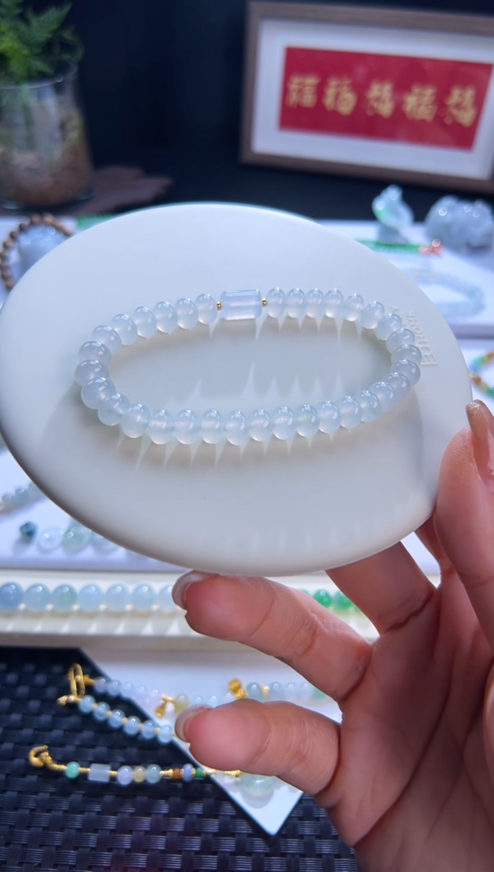 足金镶嵌手串翡翠天然翡翠A货白月光设计款