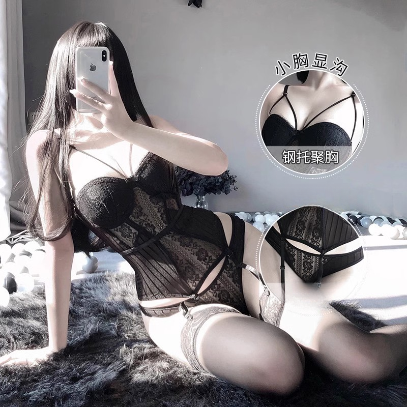 性感花纹迷人修身制服睡衣成人女性吊带蕾丝女士夏季黑色镂空小胸