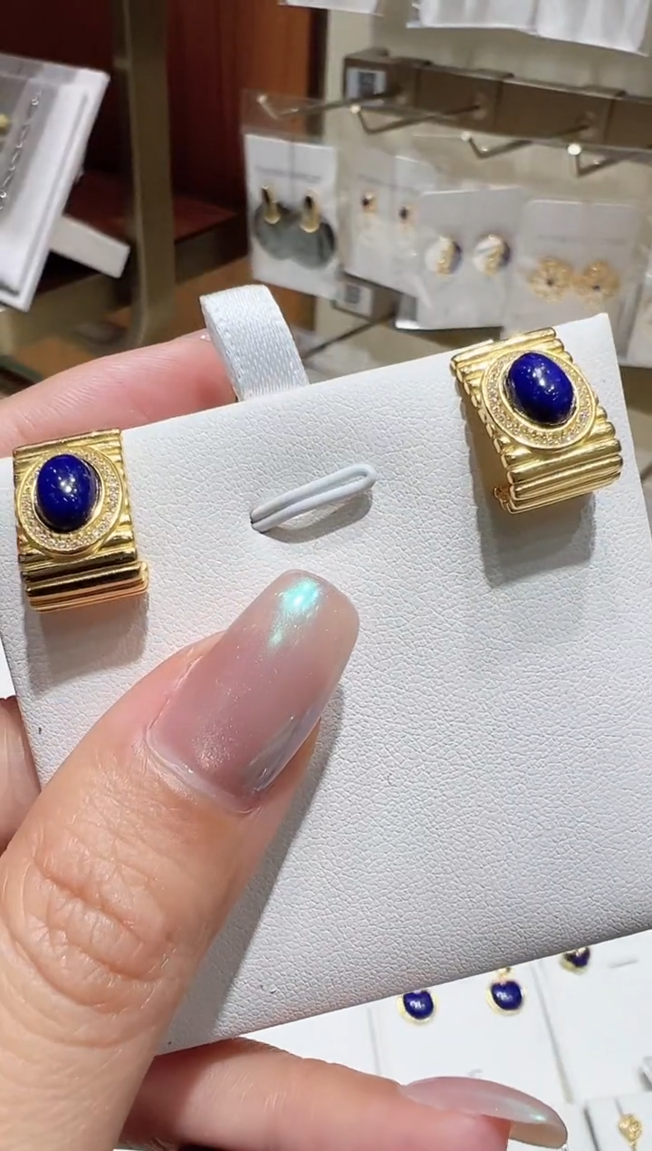 银S925镀金镶嵌青金石耳饰@@