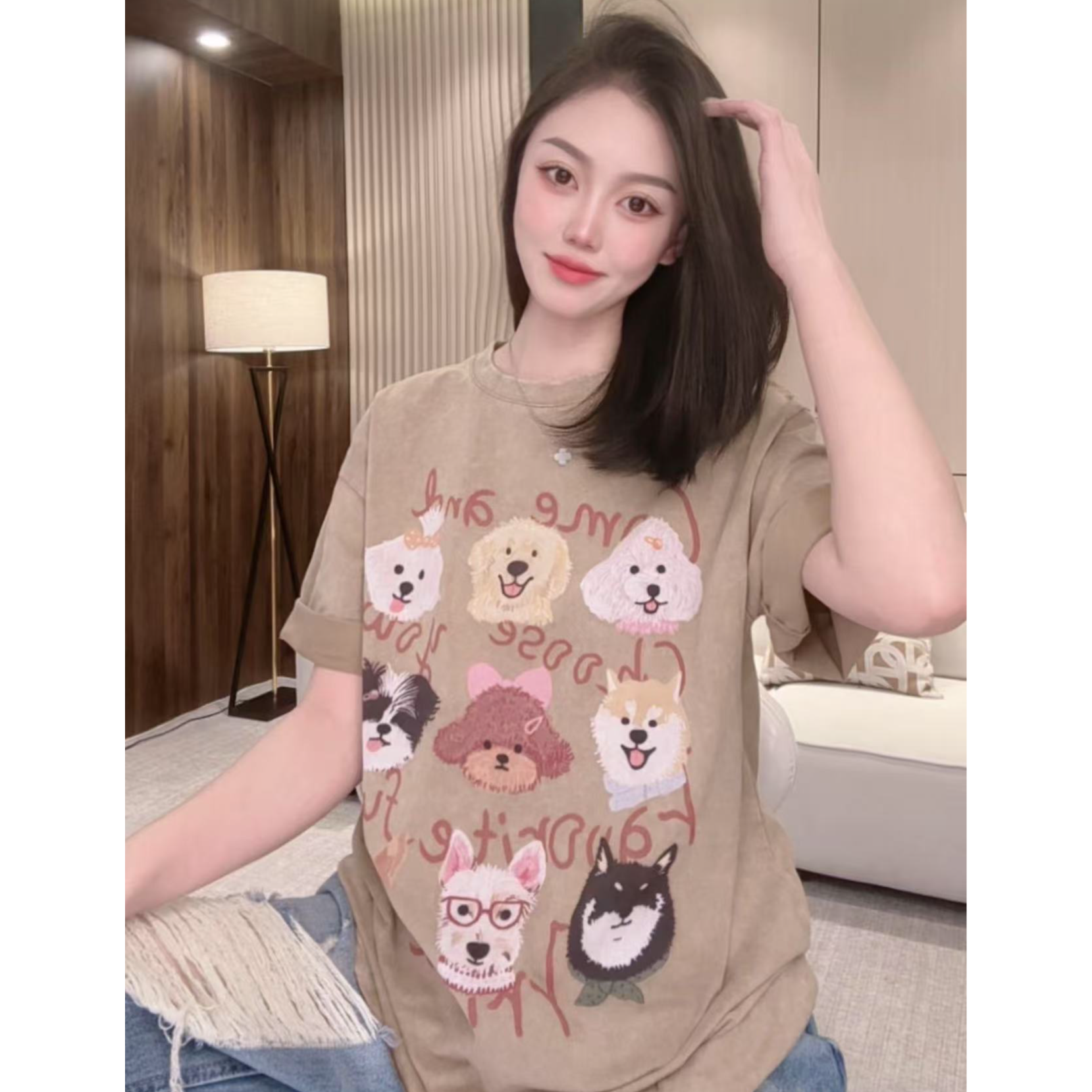 【小狗家族】网红纯棉休闲夏季宽松印花圆领卡通T恤