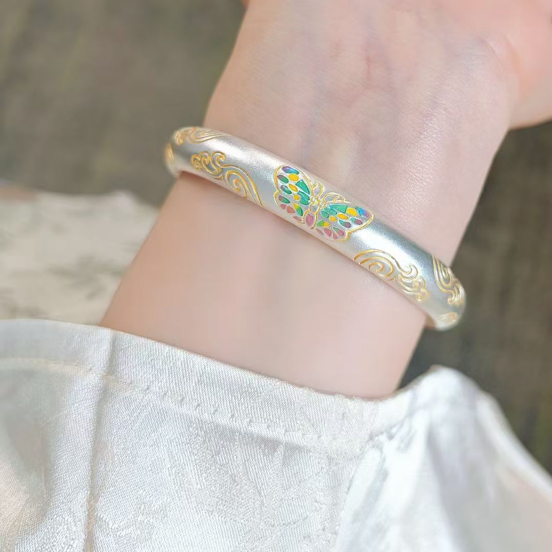 足银手镯 致爱一生足银999.9【春华蝴蝶】描金珐琅手镯56#