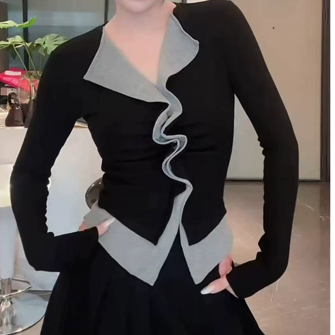 胖MM山系风法式褶皱V领女长袖通勤T恤套装显瘦复古拼接