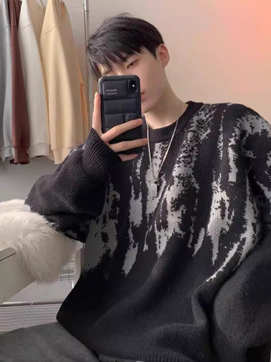 美式扎染针织衫毛衣男款秋冬季高街宽松慵懒风加厚打底衫