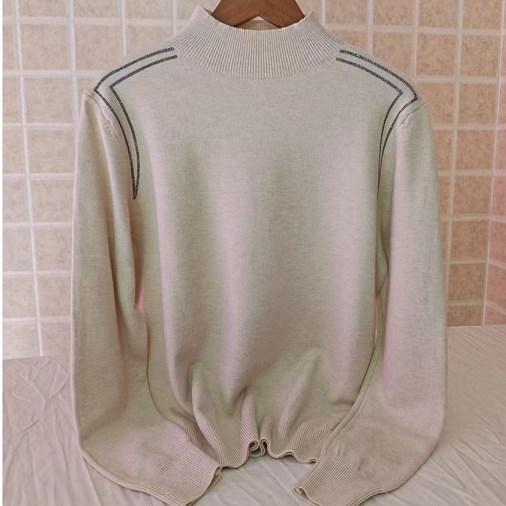 烫钻半高领毛衣打底衫女2025秋冬新款宽松时尚减龄内搭针织上衣