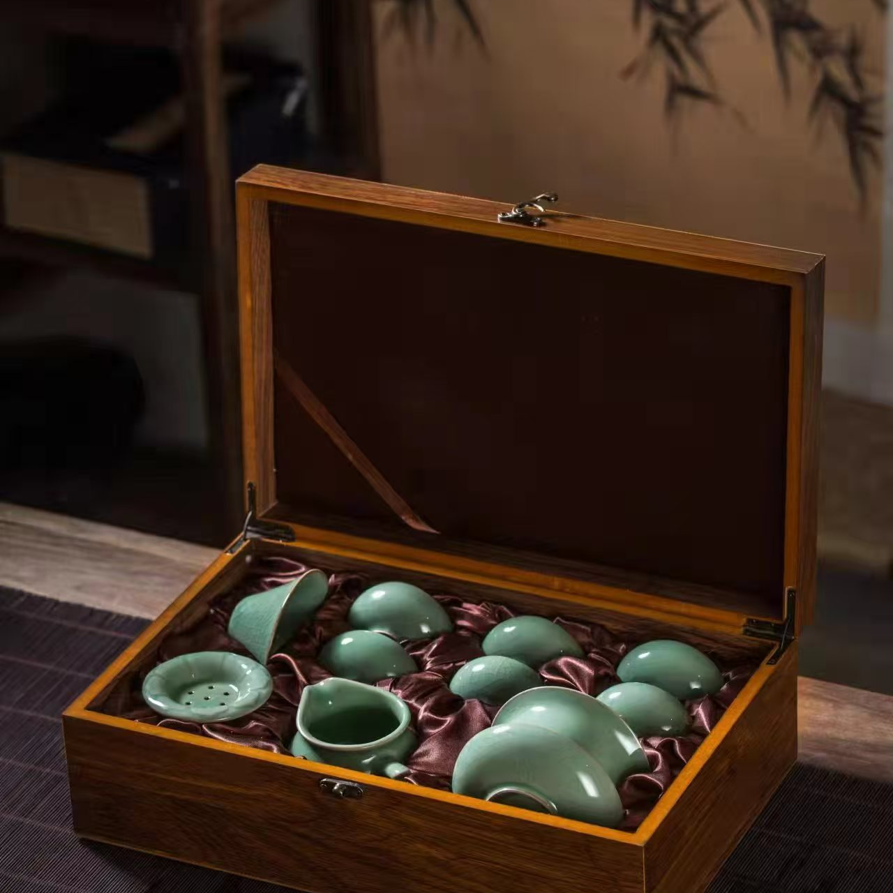 非遗茶具水杯套装文化龙泉汝瓷青瓷套组一整套带礼盒冰裂纹天青色