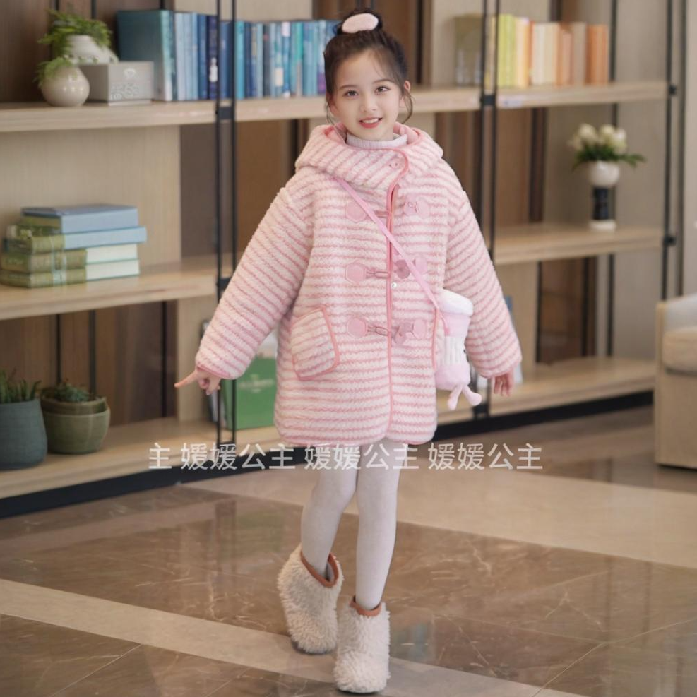 媛媛公主2025冬季女童粉色条纹甜美系加厚时尚保暖外套15408R370
