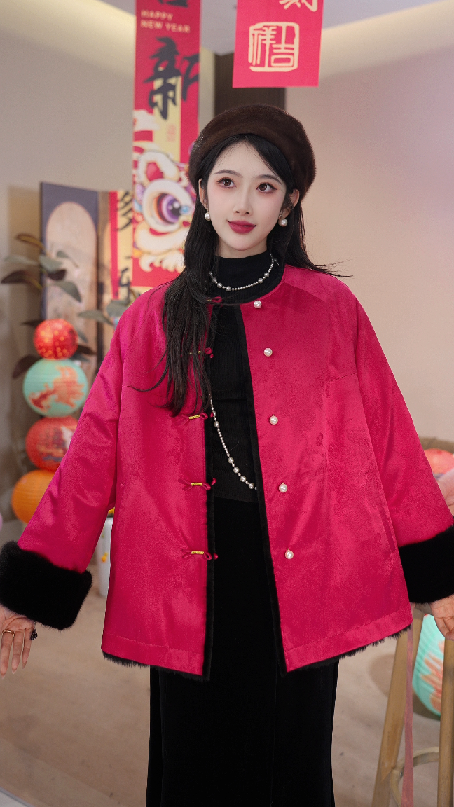 九亿锦【桃禧】新中式国风冬季新款双面双穿皮毛一体外套