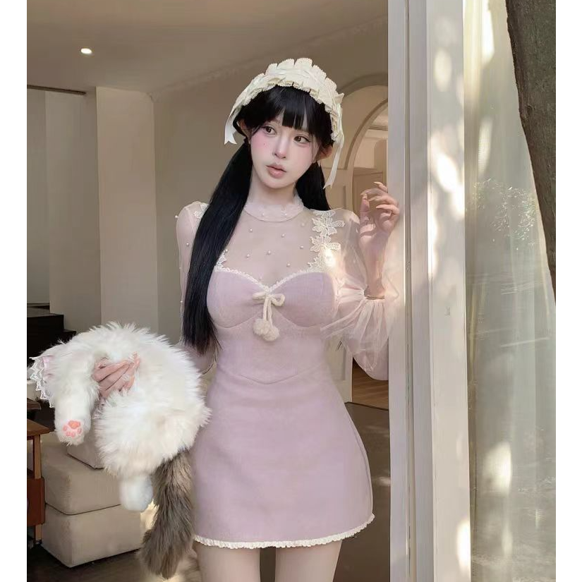 大码春季纯欲风甜美短裙收腰显瘦蕾丝拼接吊带网纱连衣裙