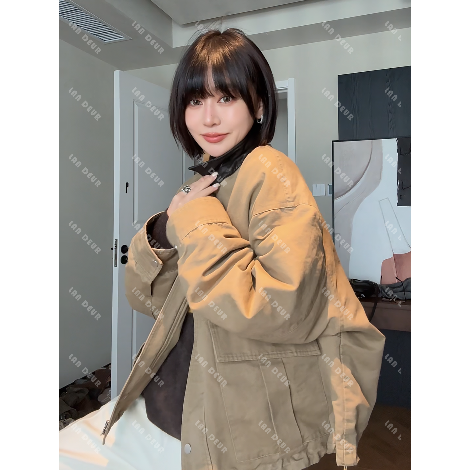 JIUJIU【奶酪陷阱】复古百搭简约宽松保暖拼接翻领鹅绒服外套上衣女