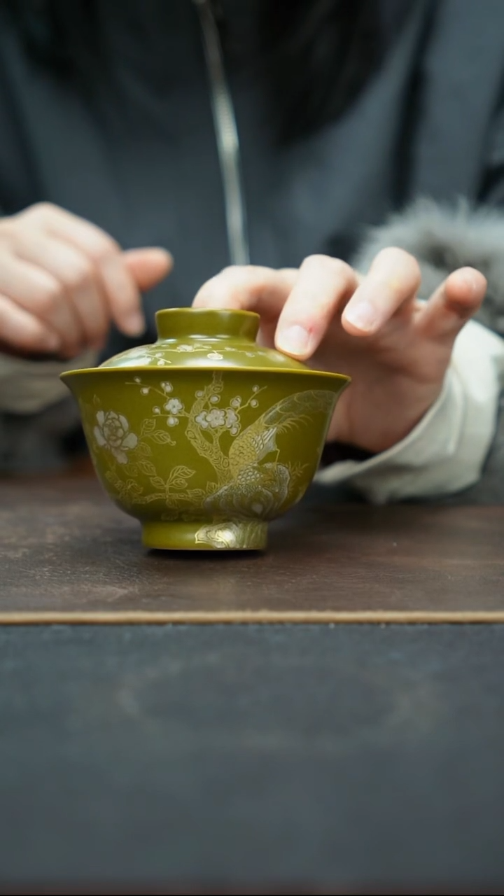 杯景德镇茶叶末锦鸡纹盖碗