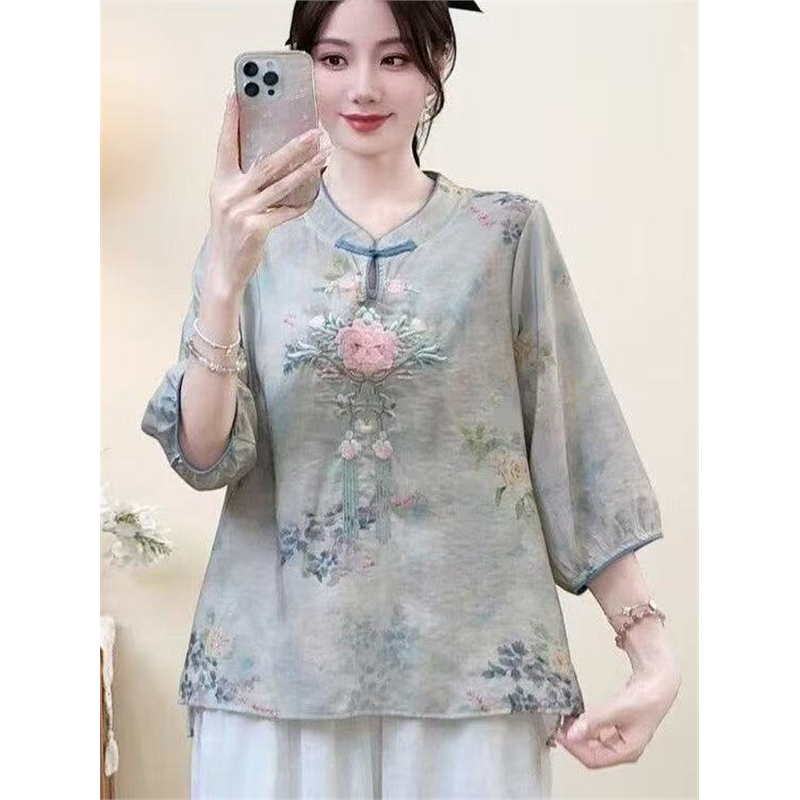 国风文艺复古重工刺绣圆领五分袖衬衫女夏季新款薄款百搭小衫上衣