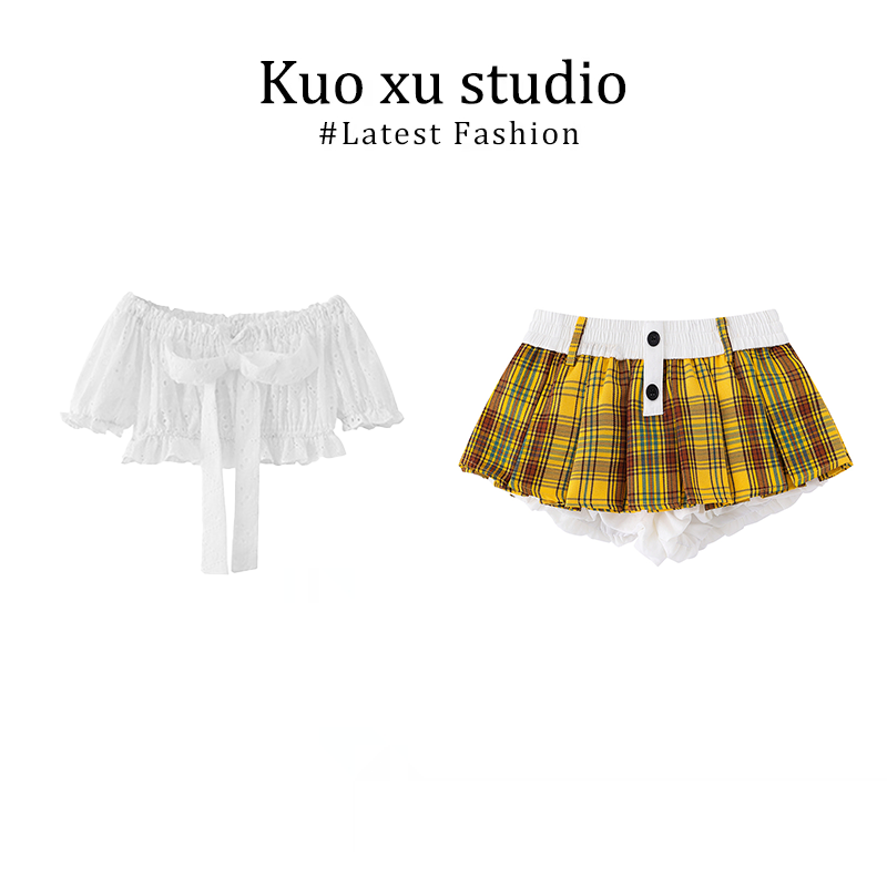 夏季纯欲风辣妹性感一字肩露肩上衣独特漂亮小衫高腰显瘦百褶裙女