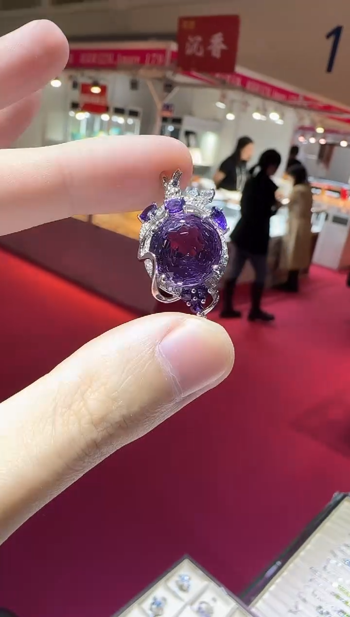 颈饰银S925镶嵌紫晶13mm帝王紫吊坠玫瑰款