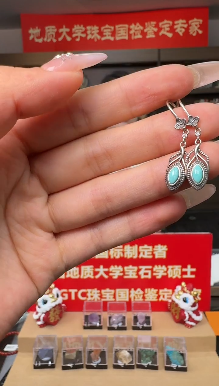 银S925镶嵌绿松石耳坠绿松石灵动耳钩S925银