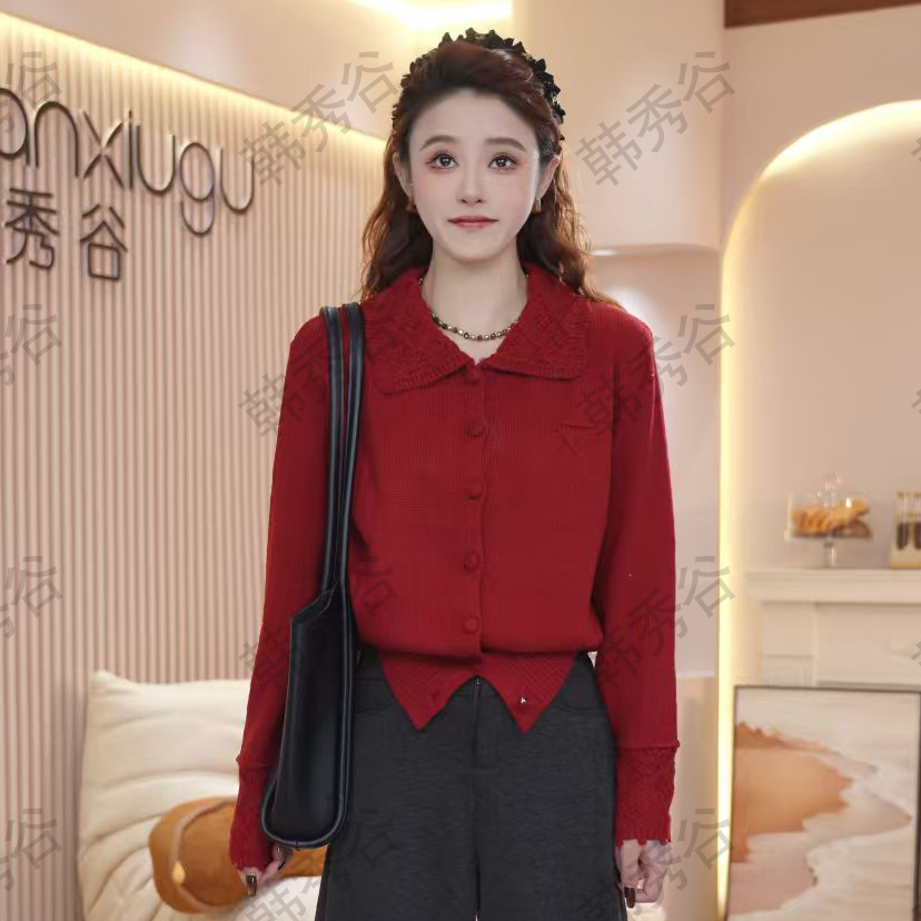 2025秋冬新款韩版修身显瘦气质翻领针织开衫女百搭减龄上衣Y3128