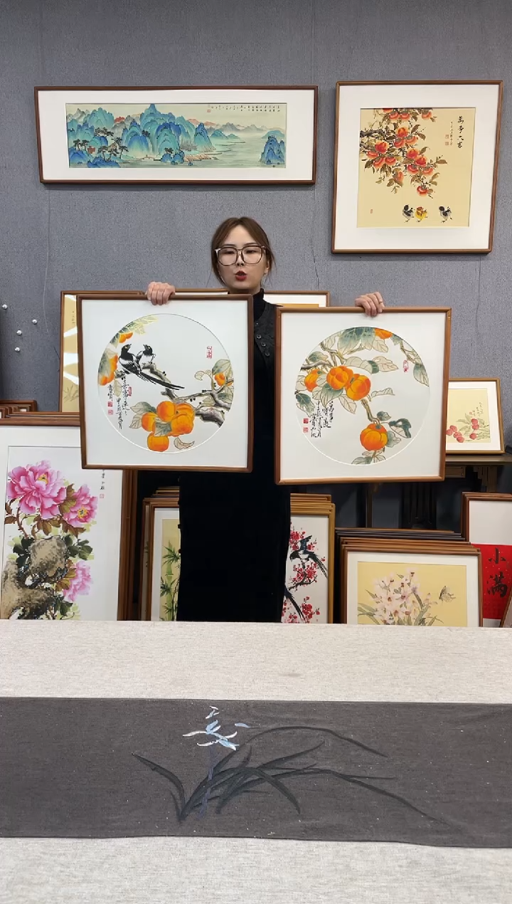 【闪购商品】国画刘玉学-手绘带框作品-52*52-两个