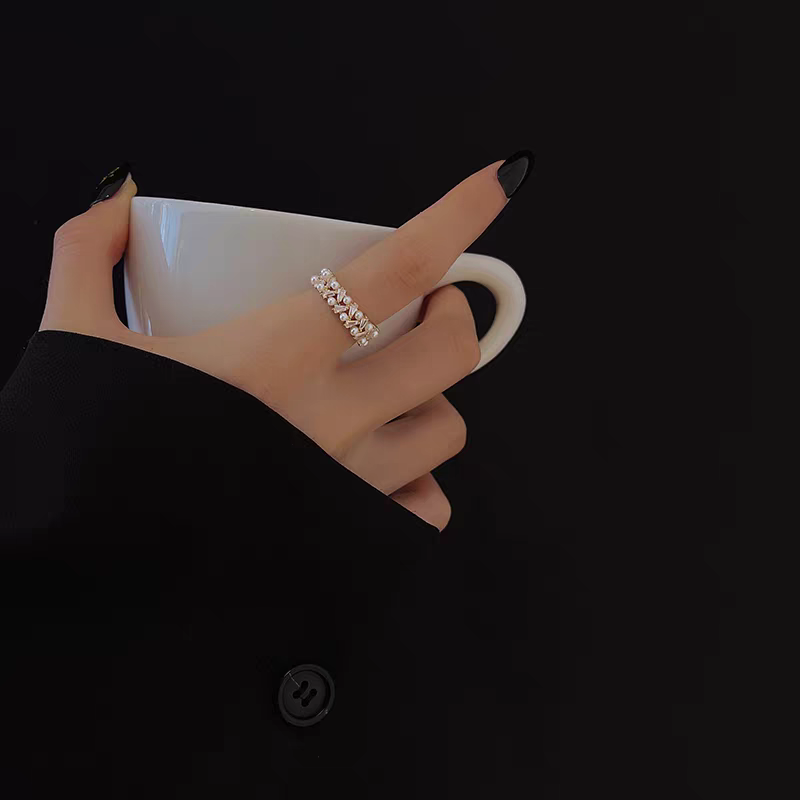 双排真珍珠高级感开口戒指简约时尚个性指环