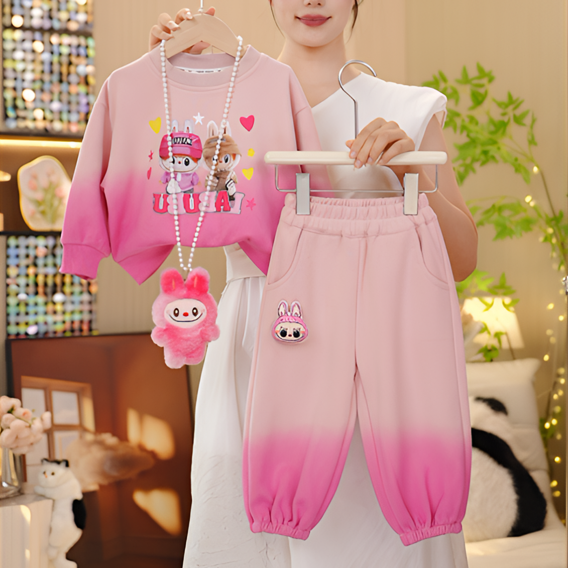 女童Abubu卡通卫衣套装春秋2025新款洋气女孩时髦休闲运动两件套