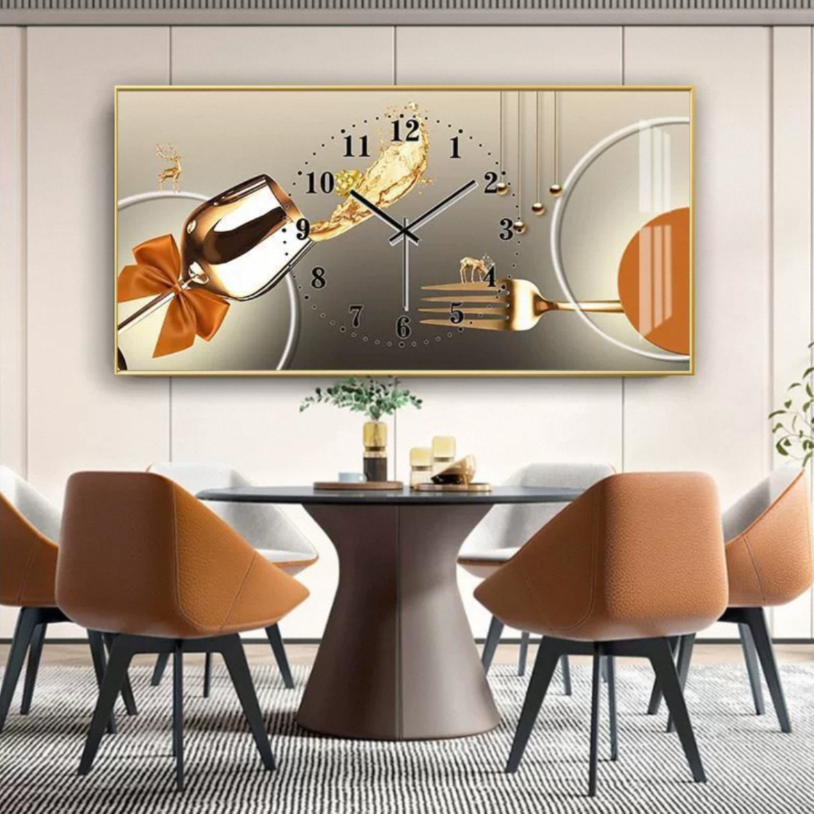 现代简约轻奢水晶挂画免打孔餐厅背景装饰画花卉静音钟表客厅挂钟