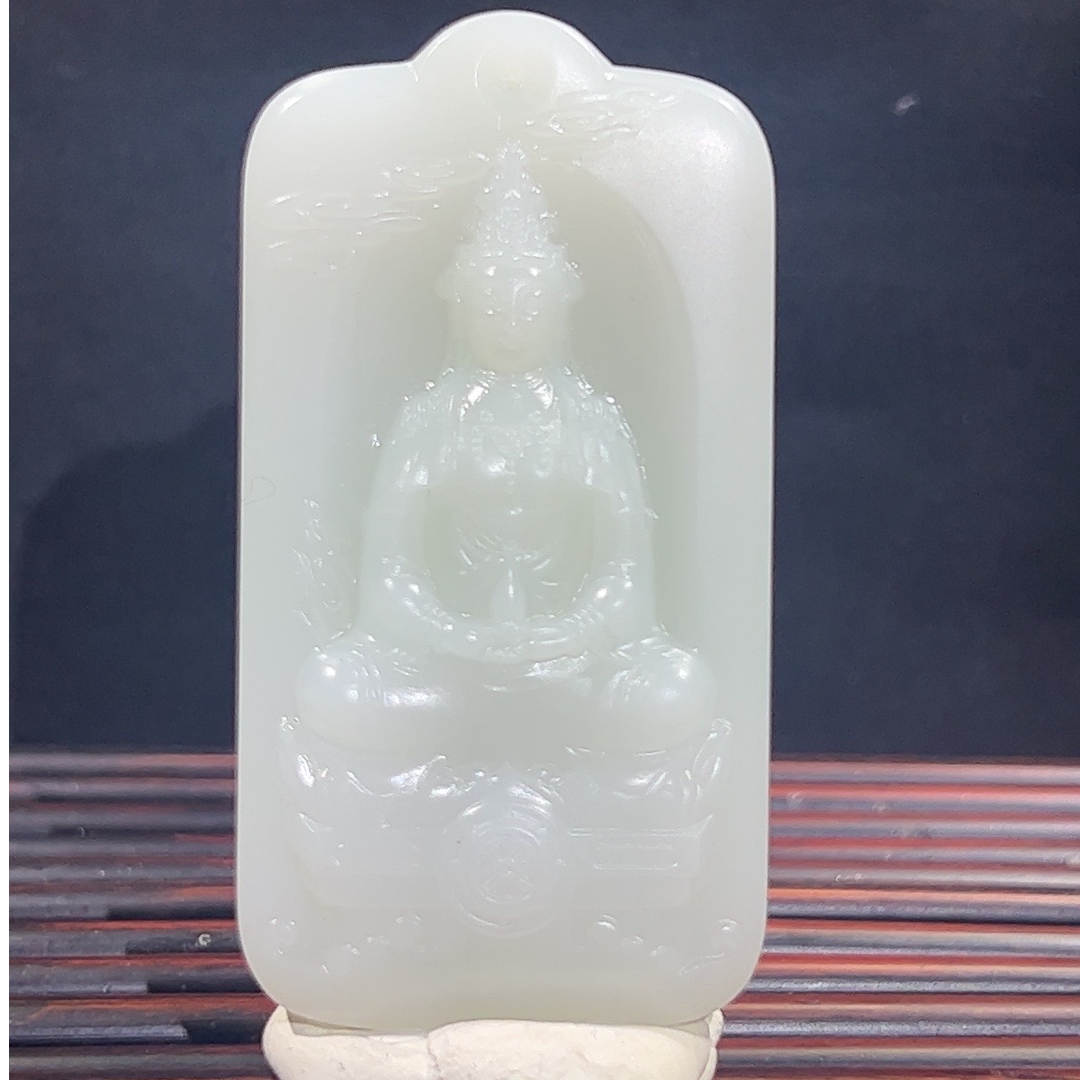 和田玉精品白色坐莲观音精美双面精雕