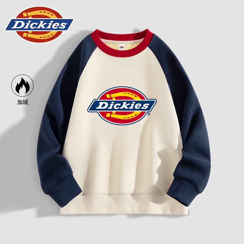 Dickies童装儿童加绒卫衣秋冬款男孩冬季撞色衣服男童学院风上衣