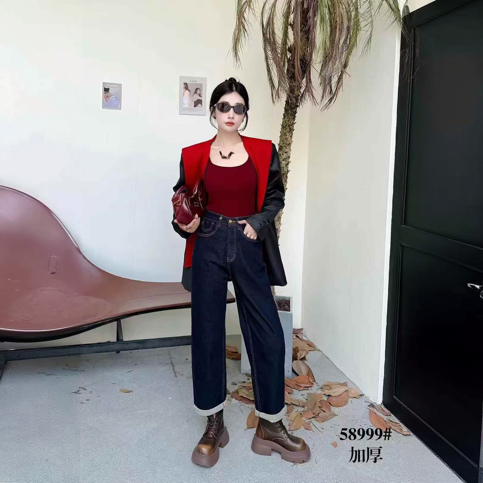 冬款高腰丹宁风小个子牛仔裤加厚加绒九分裤男友裤999