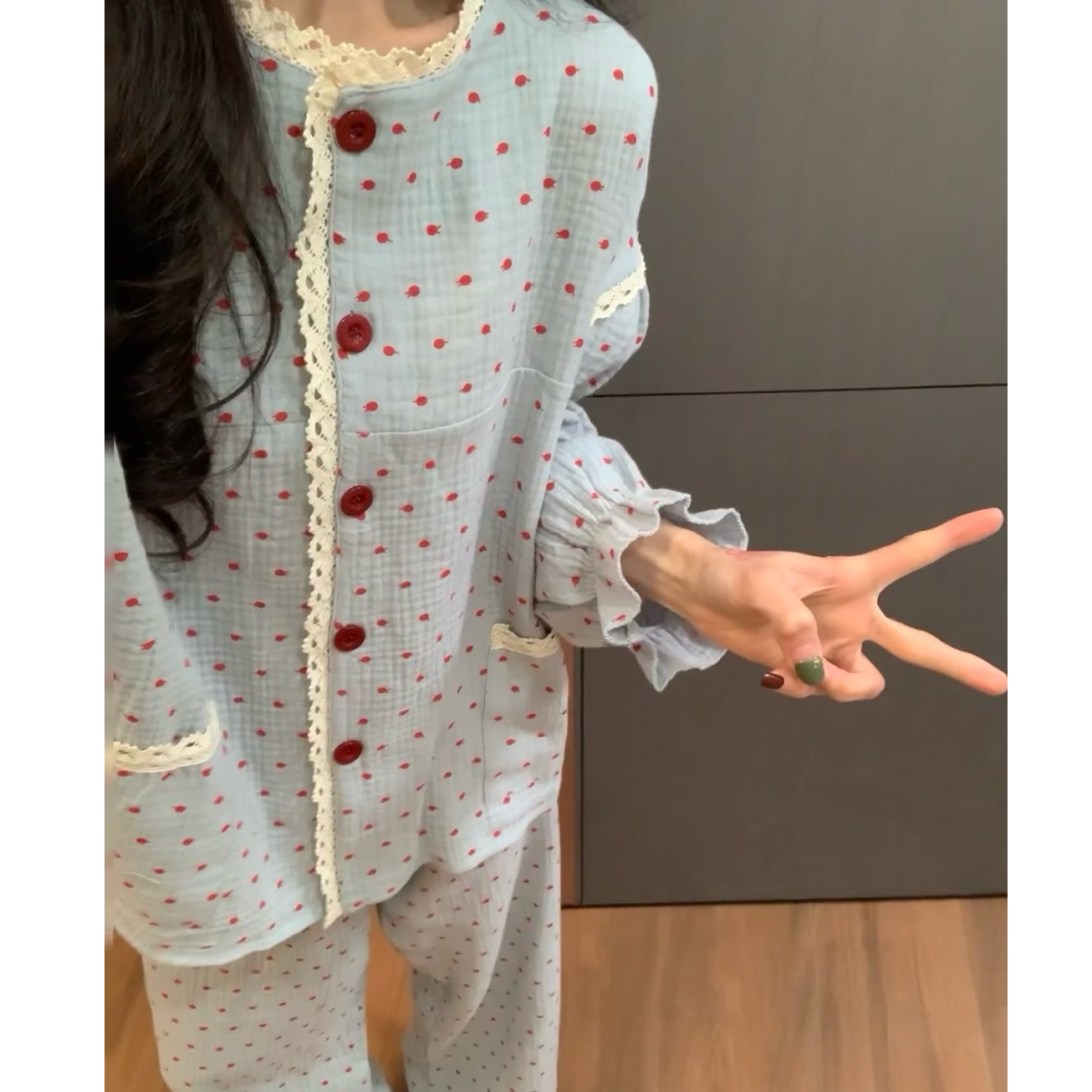 韩版复古设计感波点印花棉纱睡衣女春秋款2025新款纯棉家居服套装