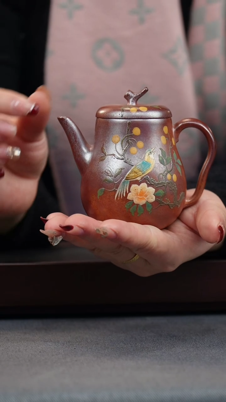 【闪购商品】紫砂茶壶火云烧 秋水 泥绘喜上枝头
