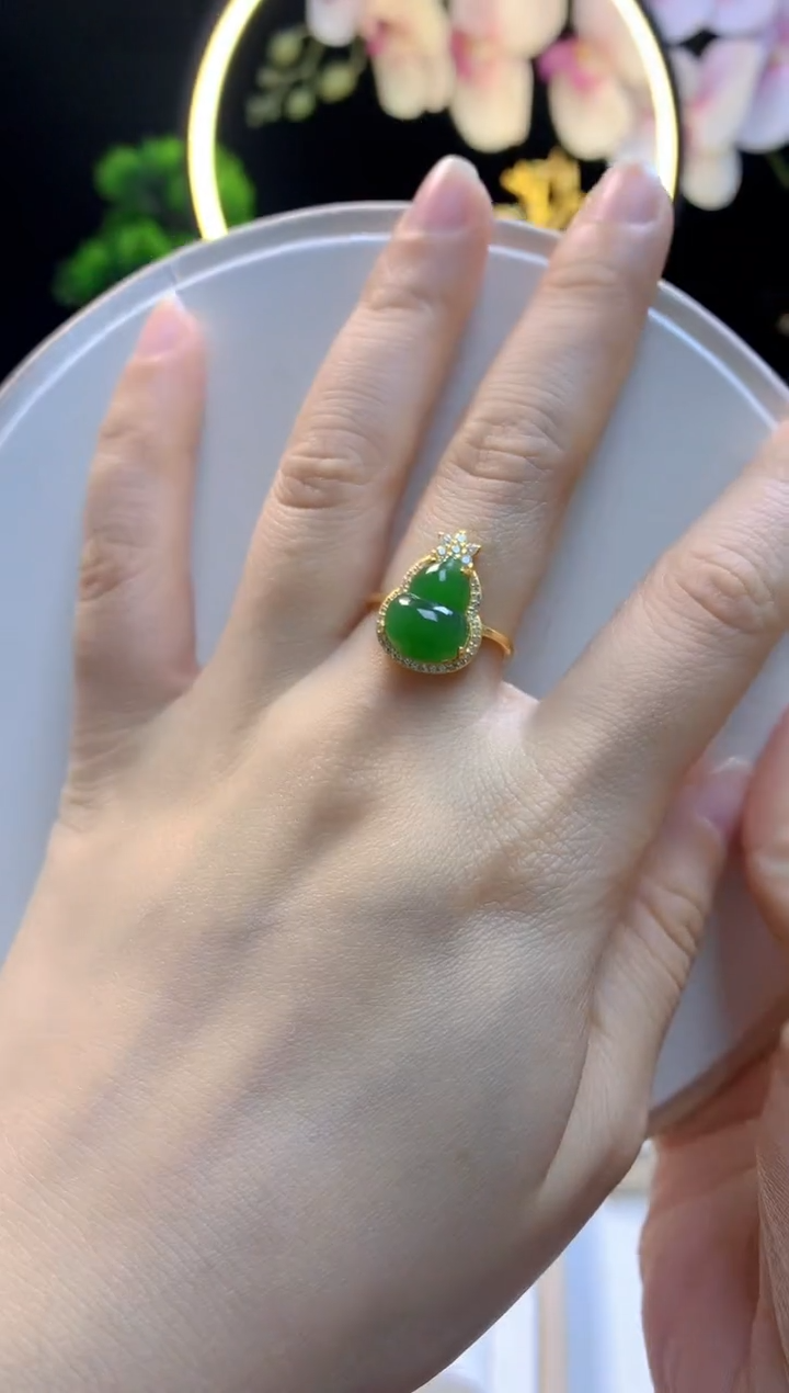 【闪购商品】和田玉戒指银S925镀金镶嵌葫芦