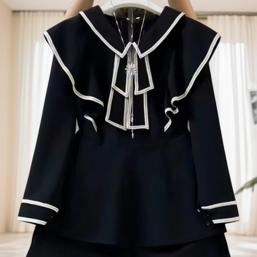 2025冬季新款洋气时尚领结荷叶边上衣6379*