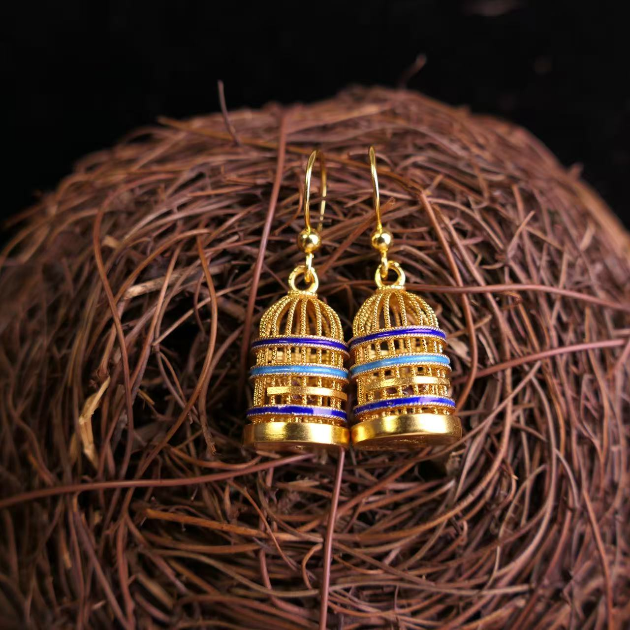 925银耳饰 【鸟笼】| （B19）手工花丝款银鎏金鸟笼耳坠