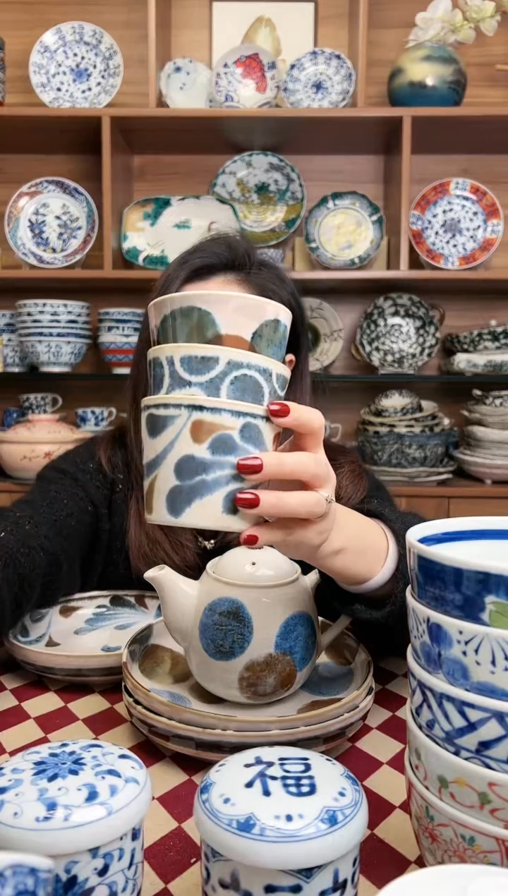 【闪购商品】瓷片笔青点打+百丸+唐草  猪口杯