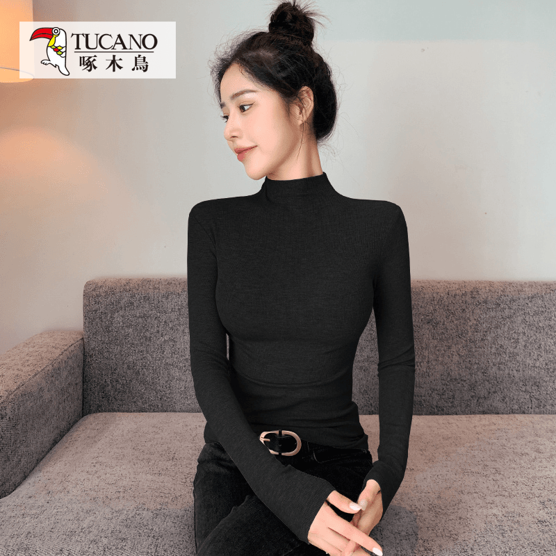 啄木鸟【TF2202】春秋半高领长袖打底衫女修身显瘦气质内搭t恤上衣