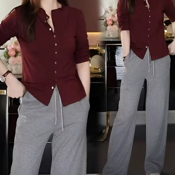 素净色长袖多口上衣弹力