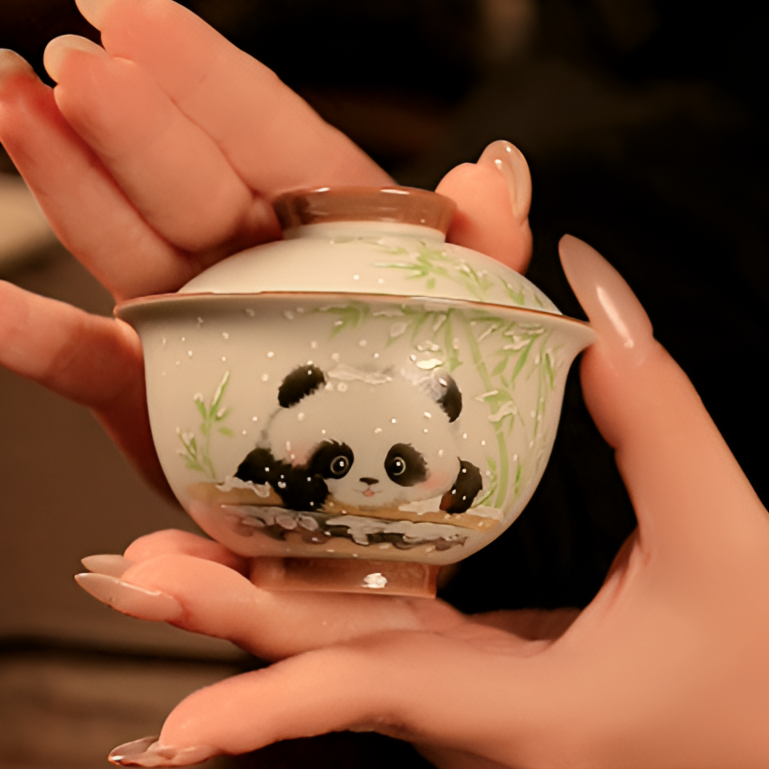 雪景熊猫天青汝窑创意设计陶瓷茶具二才圆肚盖碗(130ml)